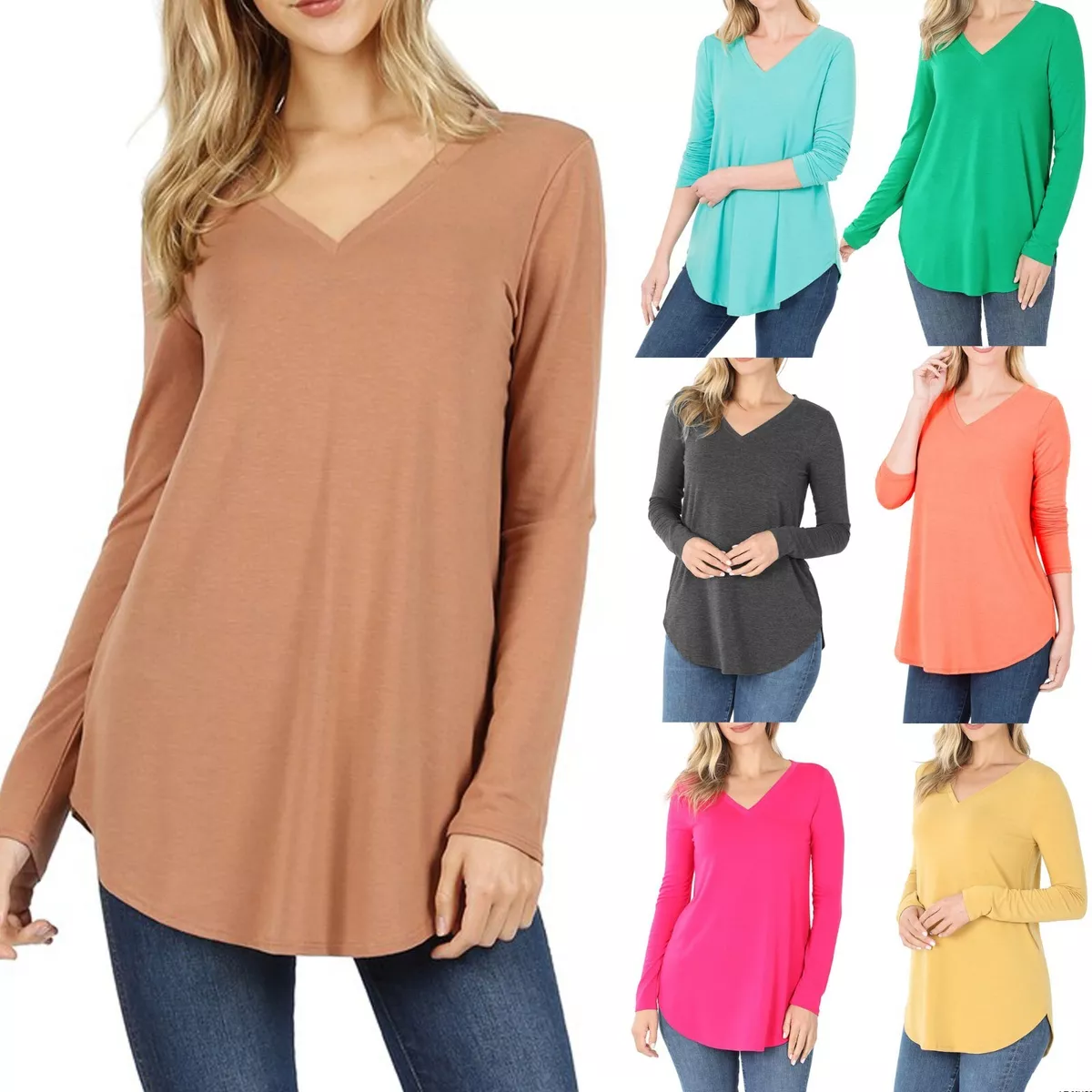 Womens Loose Fit Long Sleeve Tunic V-Neck Drape Flowing Casual T