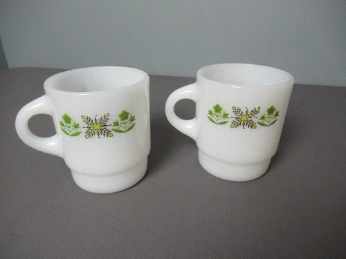 2 Vintage Anchor Hocking Fire King White Milk Glass Coffee Mug Green Floral j4sb