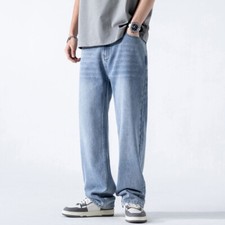 Men Loose Blue Denim Pants Elastic Waist Jeans Work Trousers Straight Leg