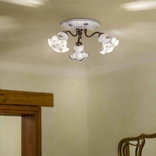 FerroLuce Plafoniera rustica in metallo con 3 paralumi in ceramica dipinta a man