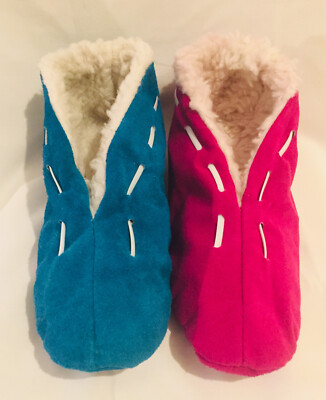 warme flauschige Puschen Hausschuhe Sonderfarbe Pink Türkis 36-40 echt Leder ABS