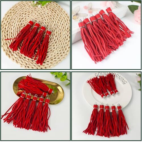 Red Leather Tassels for Jewelry Making 12pcs 4.3 inch Silver Caps Faux Leather - Picture 4 of 5