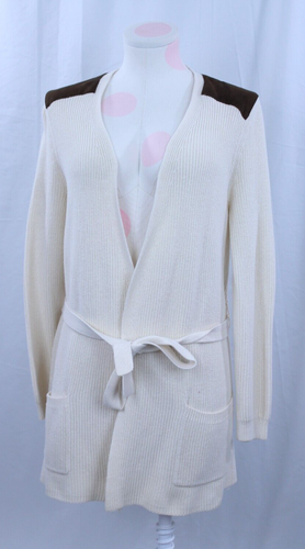 Polo Ralph Lauren Cardigan Sweater Open Front Tie Ivory Brown Suede Shoulder L - Picture 9 of 10