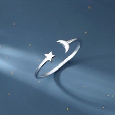 925 Sterling Silver Moon Star Adjustable Ring Womens Girls Jewellery Gift UK