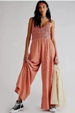 Free People Soleil One Piece Coral  Jumpsuit Gauzy Crochet Bodice Wide leg (S)