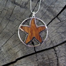 Hawaiian Jewelry Koa Wood Starfish Silver Rhodium Plated Brass Pendant BRP1040