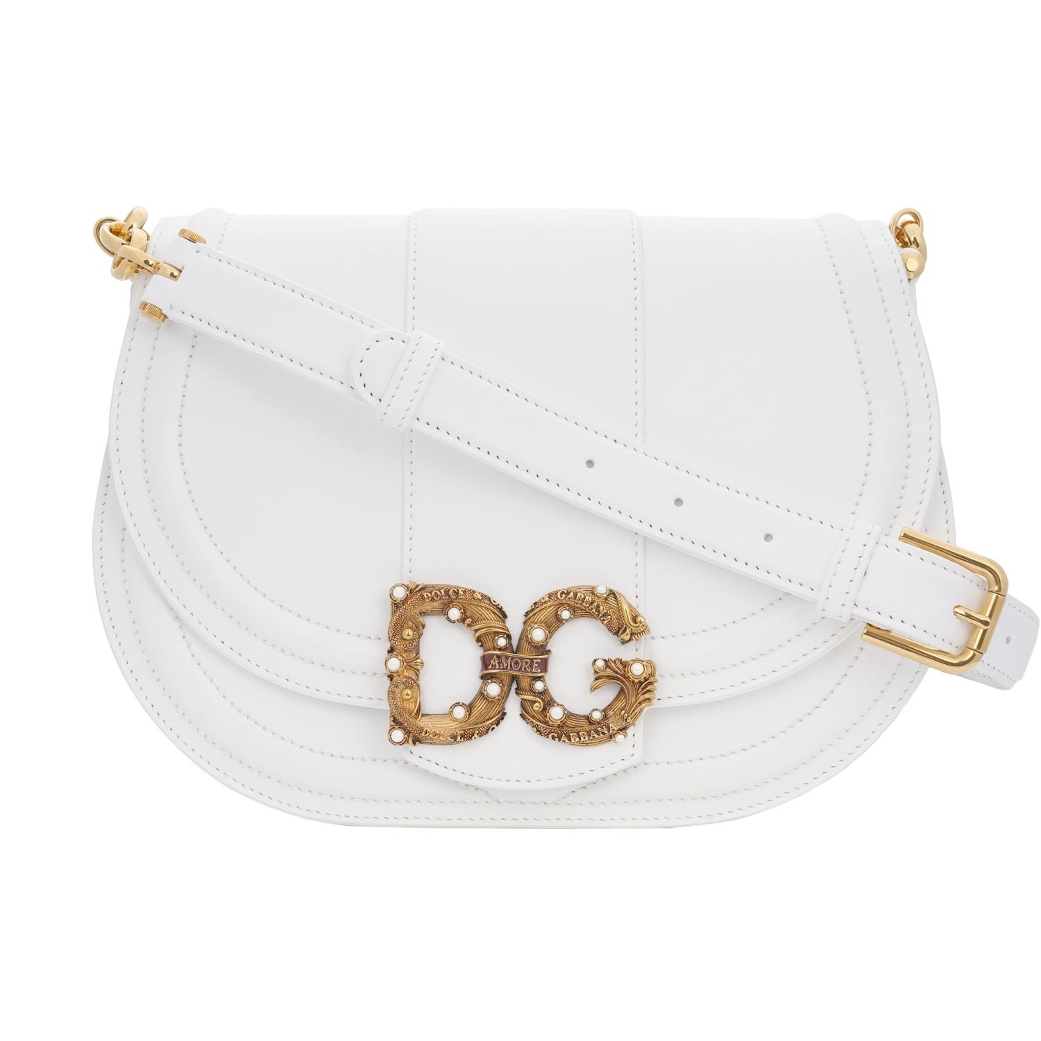 DOLCE & GABBANA Leder Crossbody Tasche Messenger Perlen DG AMORE Weiß Gold