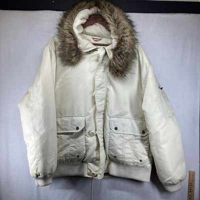 GUESS Women's Puffer Jacket Down Feather Filled Full Zip Faux Fur Hood Large