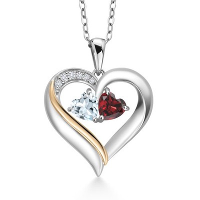 1.05 Ct Aquamarine Garnet 925 Silver and 10K Yellow Gold Pendant with Chain
