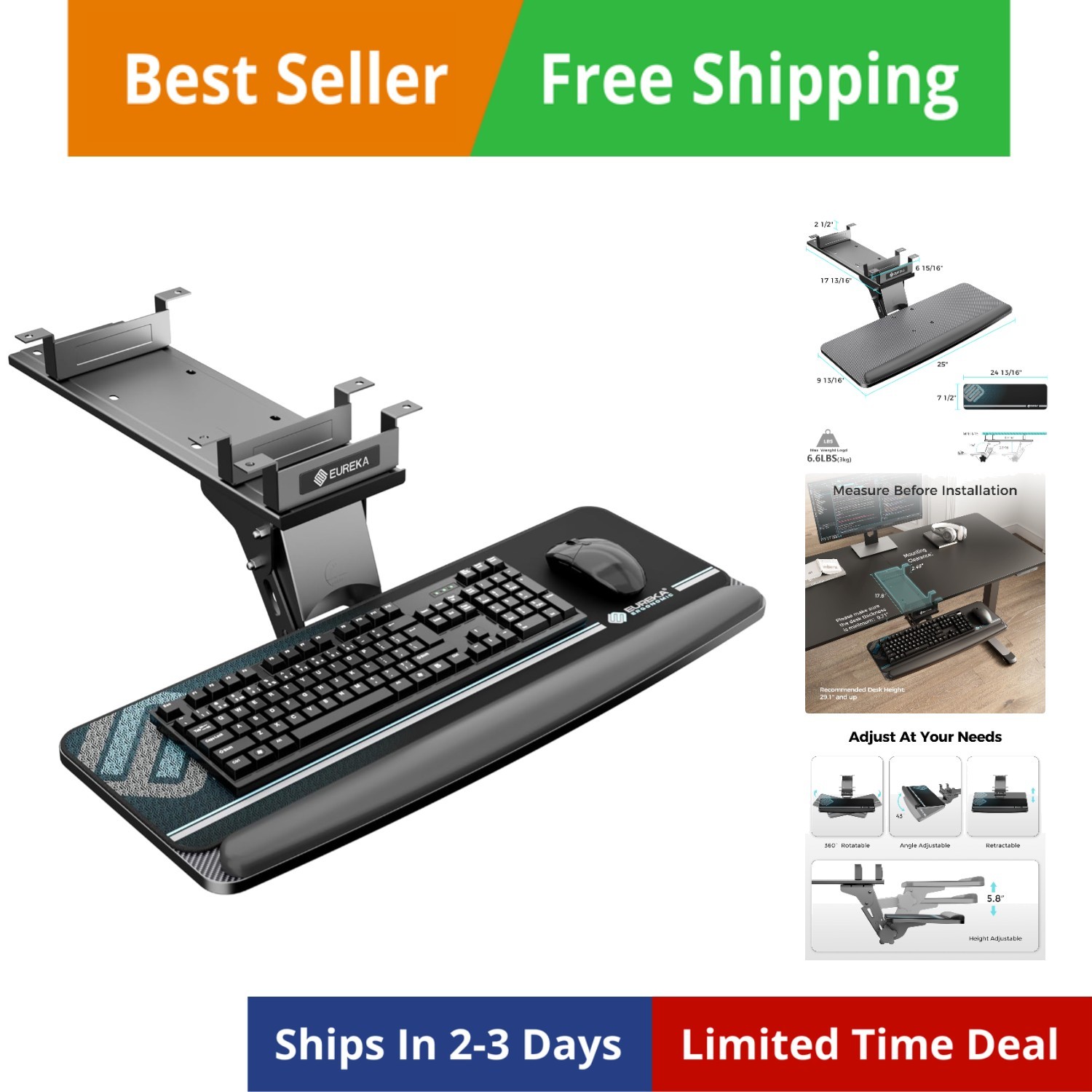Keyboard Tray Height Adjustable, Swivel Tilt Computer Keyboard Drawer Under D...
