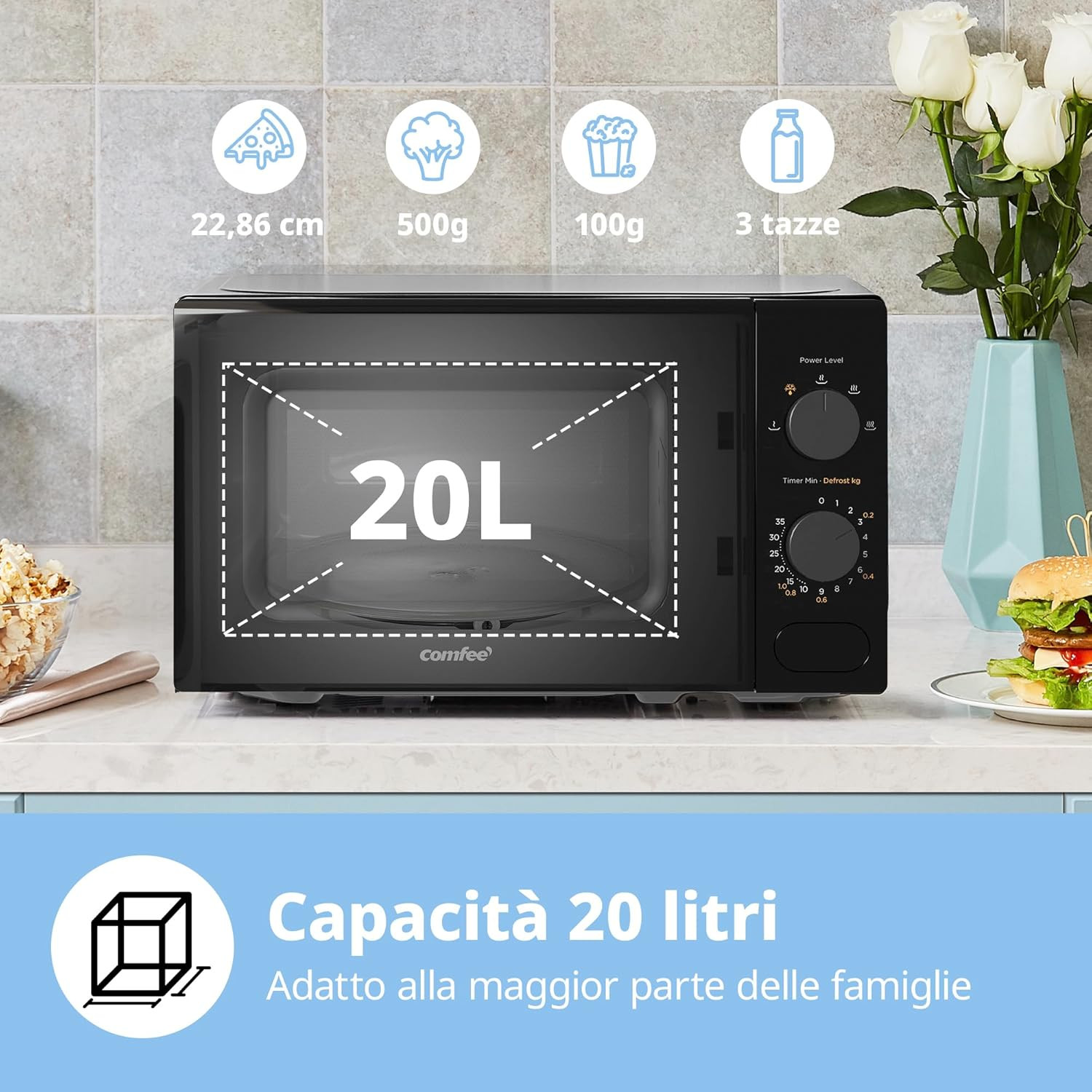 Forno a Microonde Nero, 20 Litri, 700 W, 5 Livelli Di Potenza, Funzione Di Scong - 2
