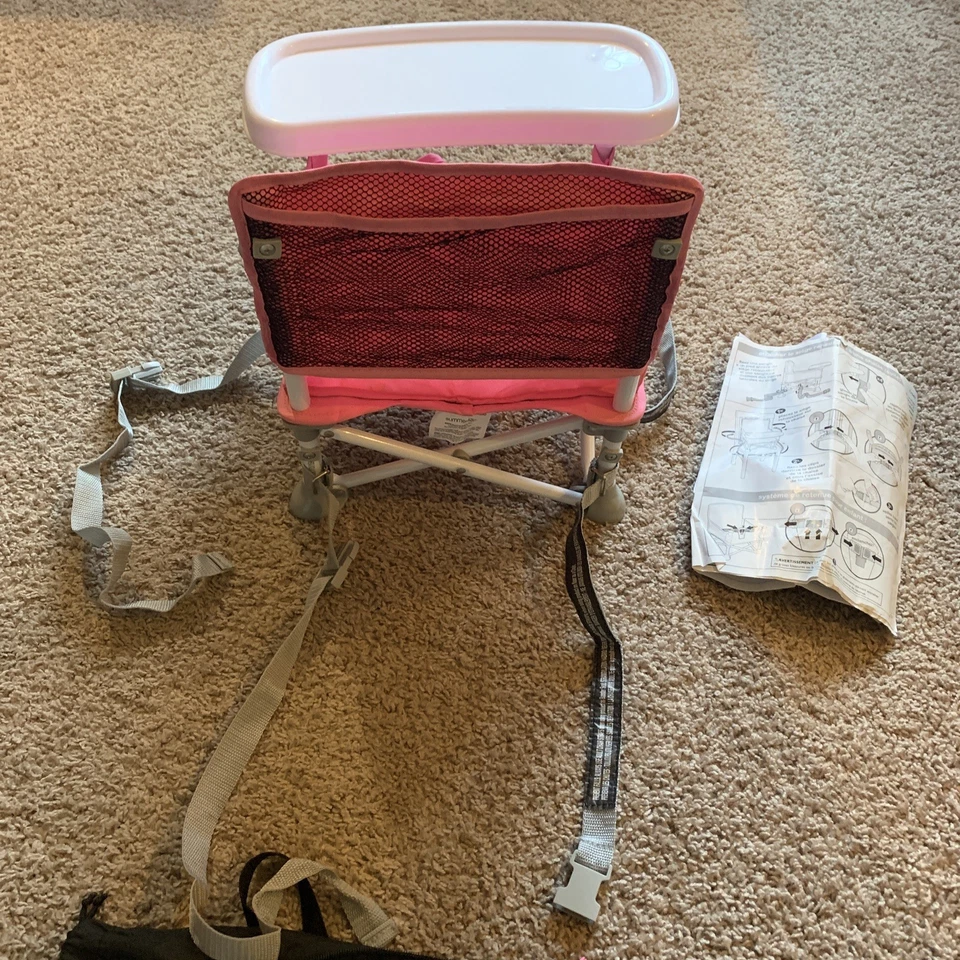 Silla de comedor portátil plegable POP & SIT de verano para niños pequeños con cinturón y bolsa rosa Foto 4 de 4