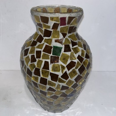 Mosaic Glass Vase  Orange Yellow Boho Decor Art Home Accent Gift BIN F #266