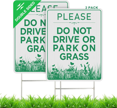 Do Not Drive or Park on Grass Sign with Stake 2 Pack 9''''X 12'''' Double-Sided No P