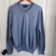 Polo Ralph Lauren Sweater Mens Size XL Blue Pima Cotton Long Sleeve V Neck Logo