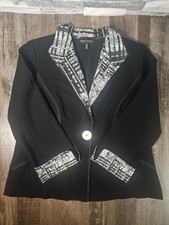 Ming Wang Tailored Fit Black Plaid Trimmed Button Front Jacket L