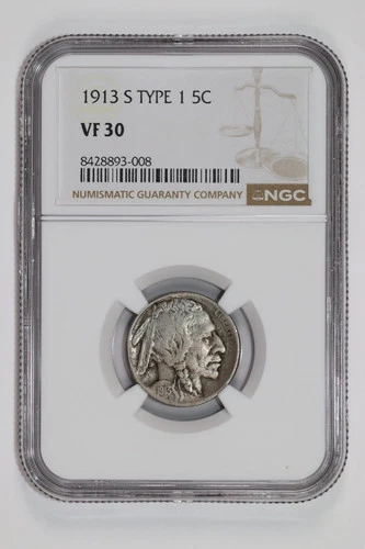 1913-S TYPE 1 BUFFALO NICKEL NGC VF30