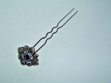 VINTAGE PURPLE RHINESTONE SILVER TONE METAL HAIR STICK BUN FORK