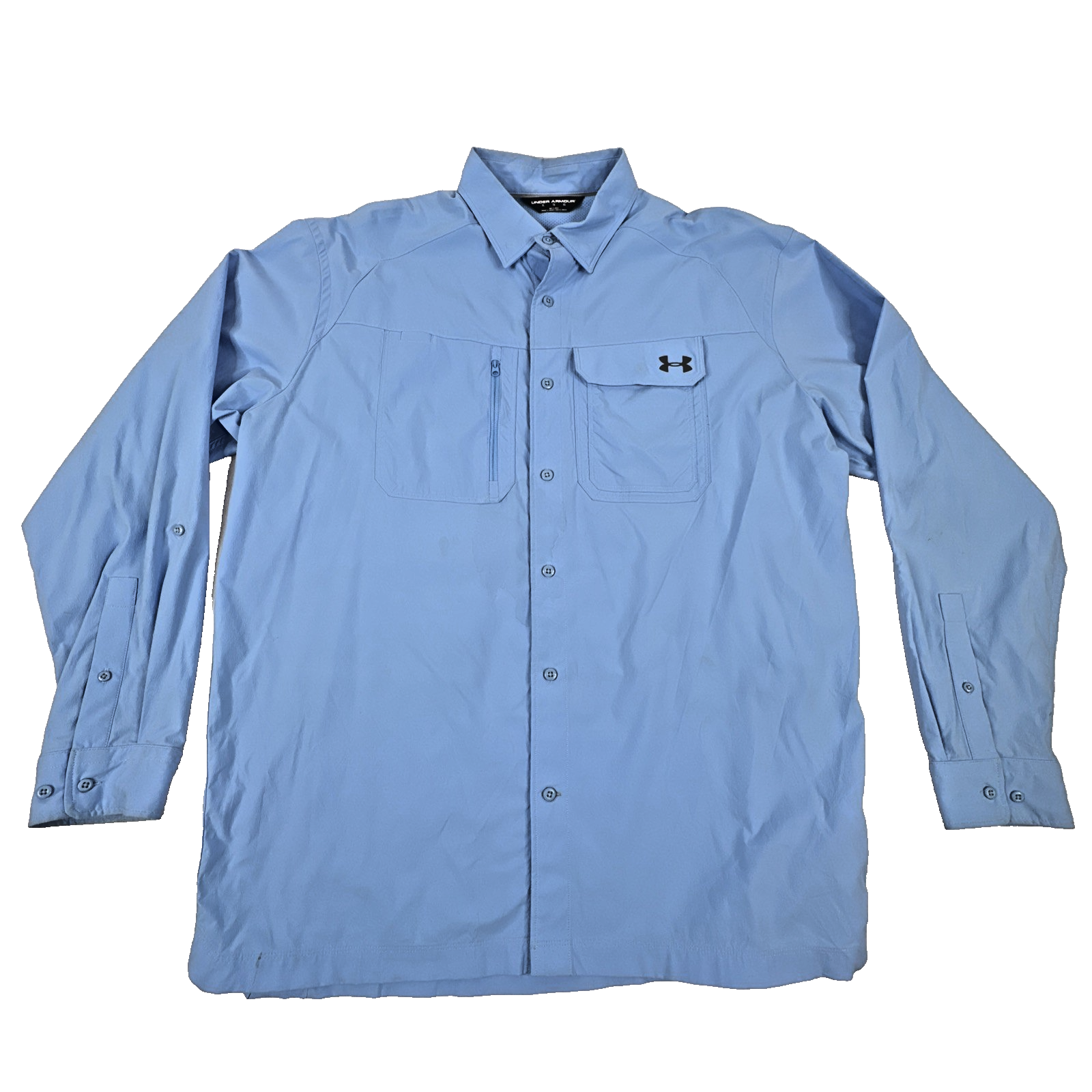 Under Amour Heat Gear Button Up Blue Long Sleeve  Fishing Shirt. Men's Size XL