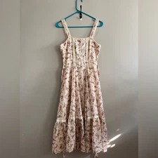 Vintage Gunne Sax Dress 60s Peasant Style Cottagecore Tan Floral Lacy Pearl