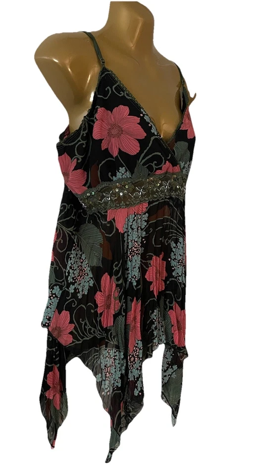 Y2K De Colección Babydoll Tirantes Fluido Cami Top Pañuelo Transparente Floral Cuentas Encaje 2X Foto 2 de 4