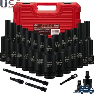35PCS 1/2 Inch Drive Impact Socket Set Deep Metric SAE Tool Storage Case New