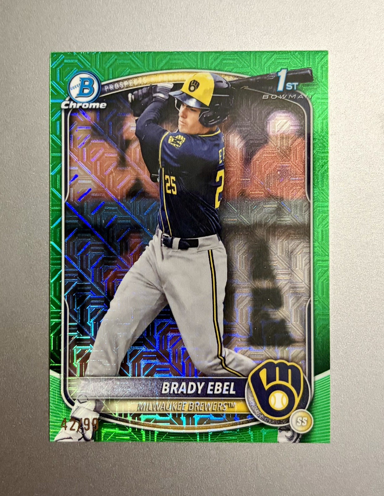 BRADY EBEL 2025 Bowman Draft 1st Bowman Mega Mojo Green Refractor /99 Brewers 