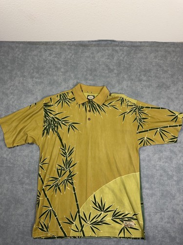 Tommy Bahama Polo Shirt Mens Medium Gold Bamboo Eclipse Hawaiian Print Cotton