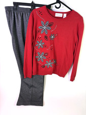 Alfred Dunner 2PC Set Grey Elastic Waist Pants 16 Decorative Red Sweater L