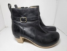 Dansko Anya Leather Boots Heeled Side Zip Clog Bootie Black EU 40 US 9-9.5