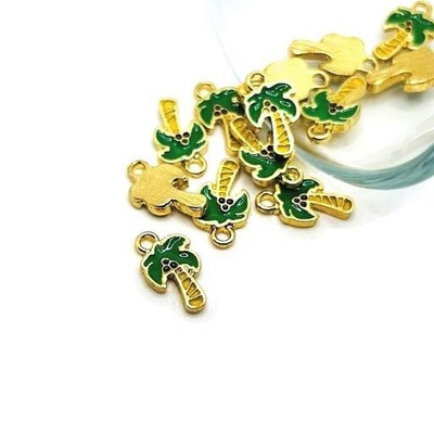1, 4, 20 or 50 BULK pcs Green and Gold Tiny Palm Tree Charms -US Seller- GR1623
