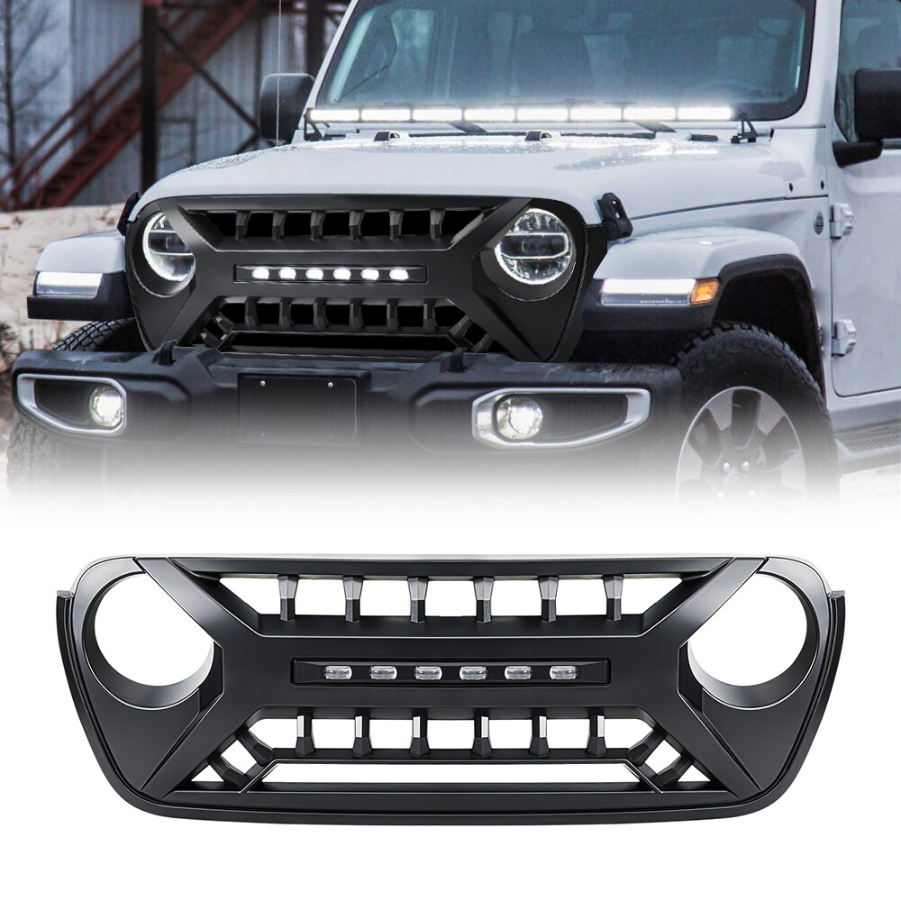 Matte Black Front Armor Grille Grill w/ Lights for 18-23 Jeep Wrangler JL JLU JT