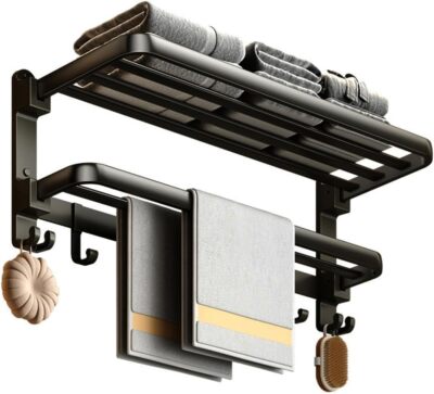 (1 Pack) Matte Black Towel Rack Wall Mounted No Drill and Screw Mounting