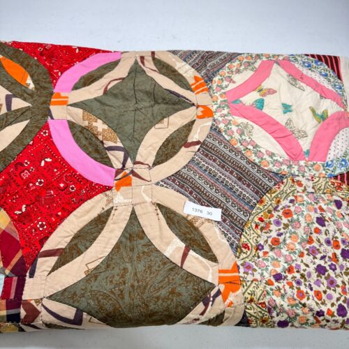 vintage handmade quilt twin double wedding ring 66x89 rustic primitive - Picture 11 of 12
