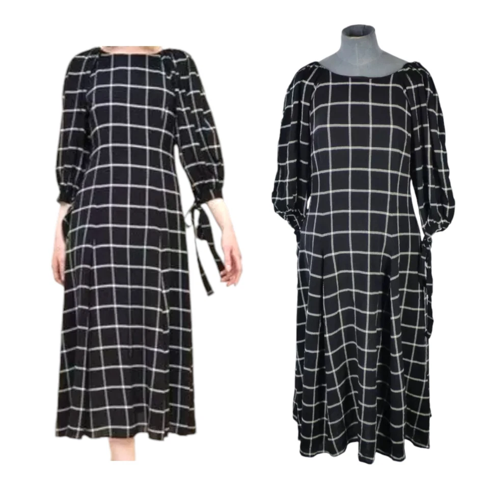 Rejina Pyo Midi Dress Label Mix Black Checked Pleated Puff Sleeve Size UK 14