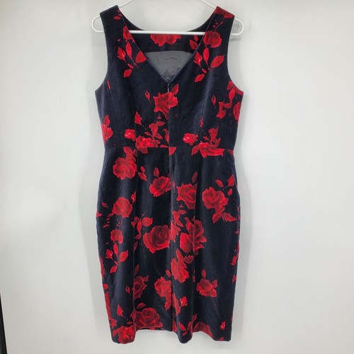 NWT Talbots Below Knee Black and Red Velvet Rose Floral Print Sheath Dress 12Pet