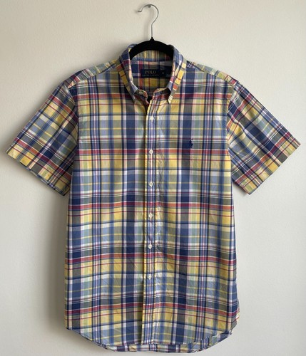 Authentic POLO RALPH LAUREN Yellow Blue Checked Short Sleeve Cotton Shirt M - Picture 2 of 4