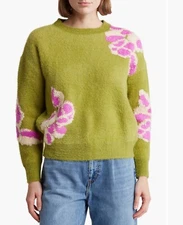 FRNCH Woman's Ulyssia Floral  Appliqué Sweater Green Pink Size Large