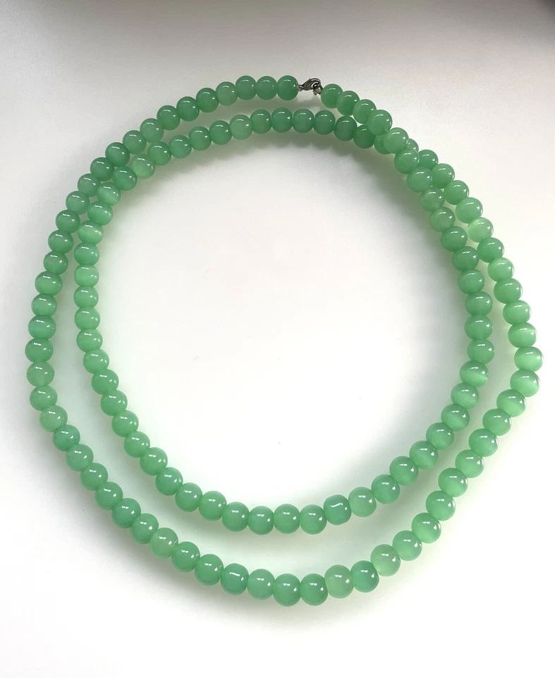 Antique Silver Plated Apple Green Satin Handmade Glass Beaded Necklace 45" - Image 2 of 4