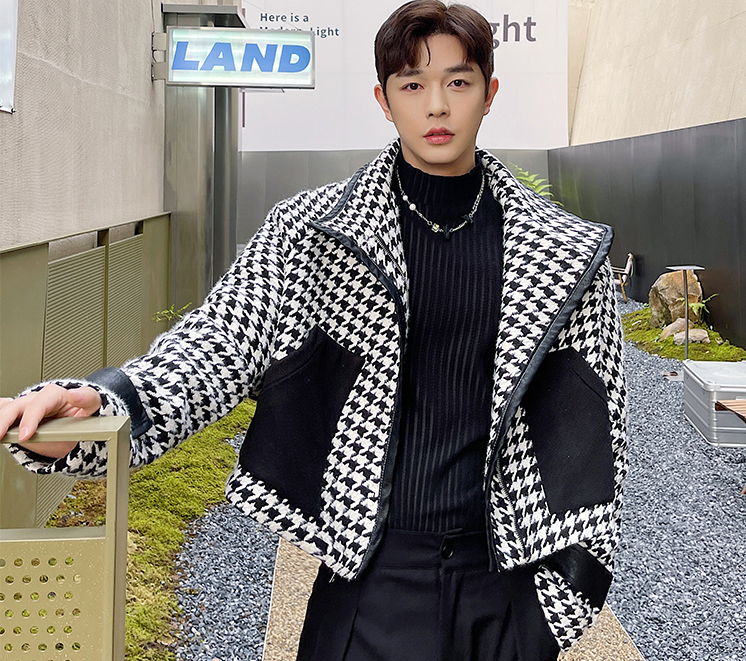 Men's Fashion Lapel Long Sleeve Loose Houndstooth Jacket Youth