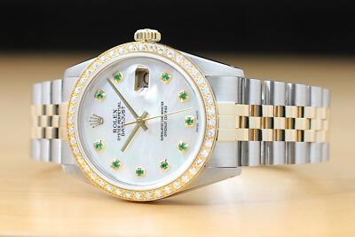 ROLEX MENS DATEJUST 16013 MOTHER OF PEARL TSAVORITE TWO TONE