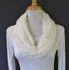 Cream White scarf faux fur cowl neck circle infinity endless loop soft fluffy