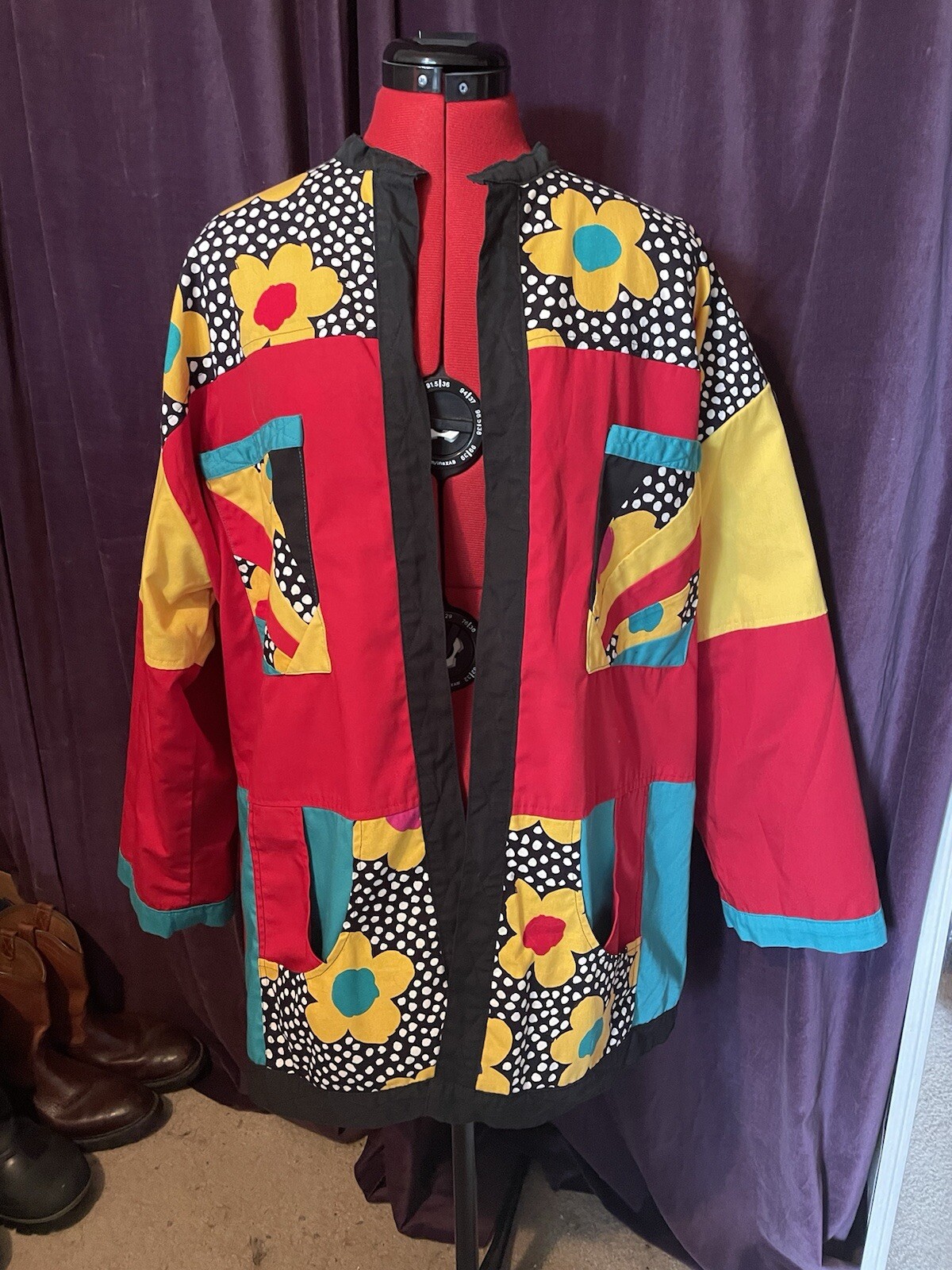 Handsewn Patchwork Reversible Coat With Belt, Poc… - image 1