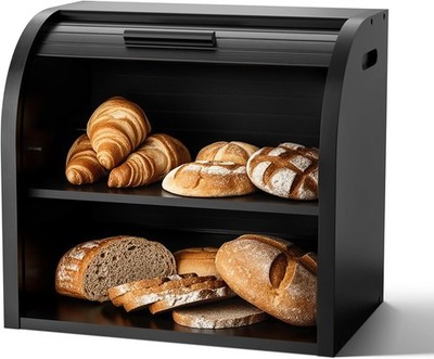 Bread Box Large 2-Tier Bamboo Roll Top Bread Storage Container Kitchen Counter