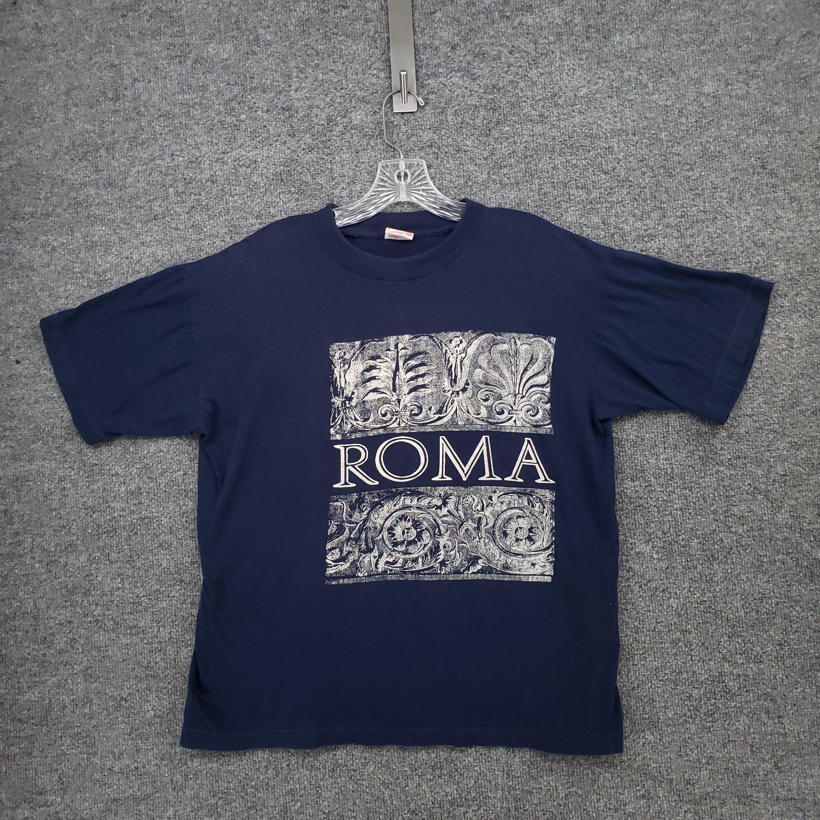 VINTAGE Roma T Shirt Mens L Large Blue Graphic Print Short Sleeve Pullover 90s