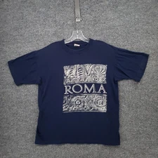 VINTAGE Roma T Shirt Mens L Large Blue Graphic Print Short Sleeve Pullover 90s