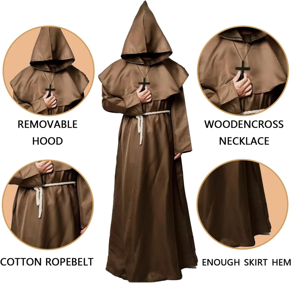 Mönch Robe Priester Kostüm Herren Halloween Kapuze Kreuz Mittelalter Renaissance - Bild 2 von 4