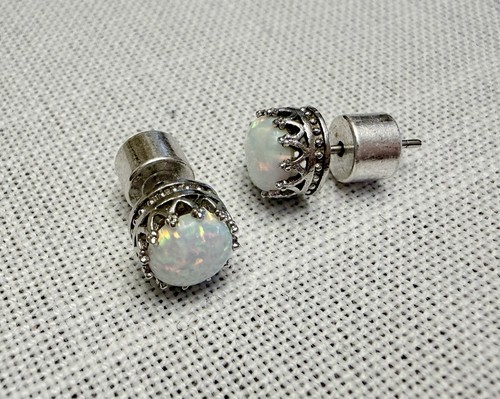 White Opal Crown Setting 925 Sterling Silver Stud Earrings, 6mm Stone