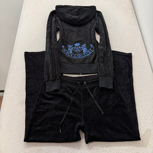 Vintage Juicy Couture Scottie Dogs Women's Black Velour Tracksuit Set Y2K Size L