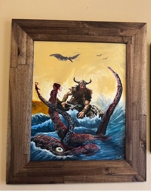 Viking Fantasy Art  original oil painting On Board signed Framed Surrealism